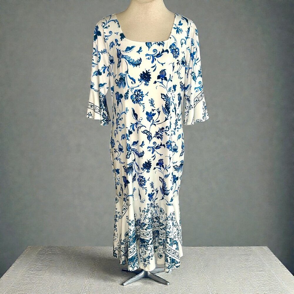 Ashro Dress Blue and White Floral Midi Flutter Hem Size Large